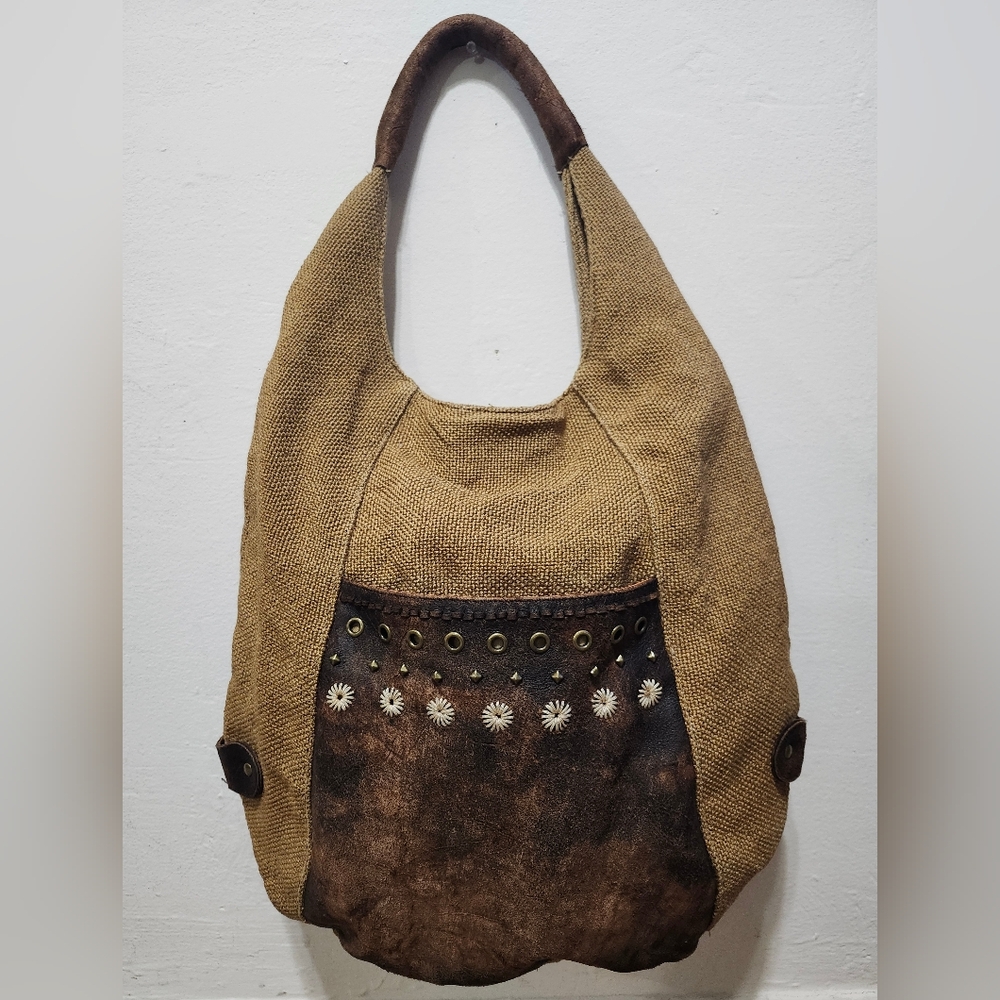 Hobo International Natural Burlap Suede Brown Tan Large Shoulder Bag Hippy
